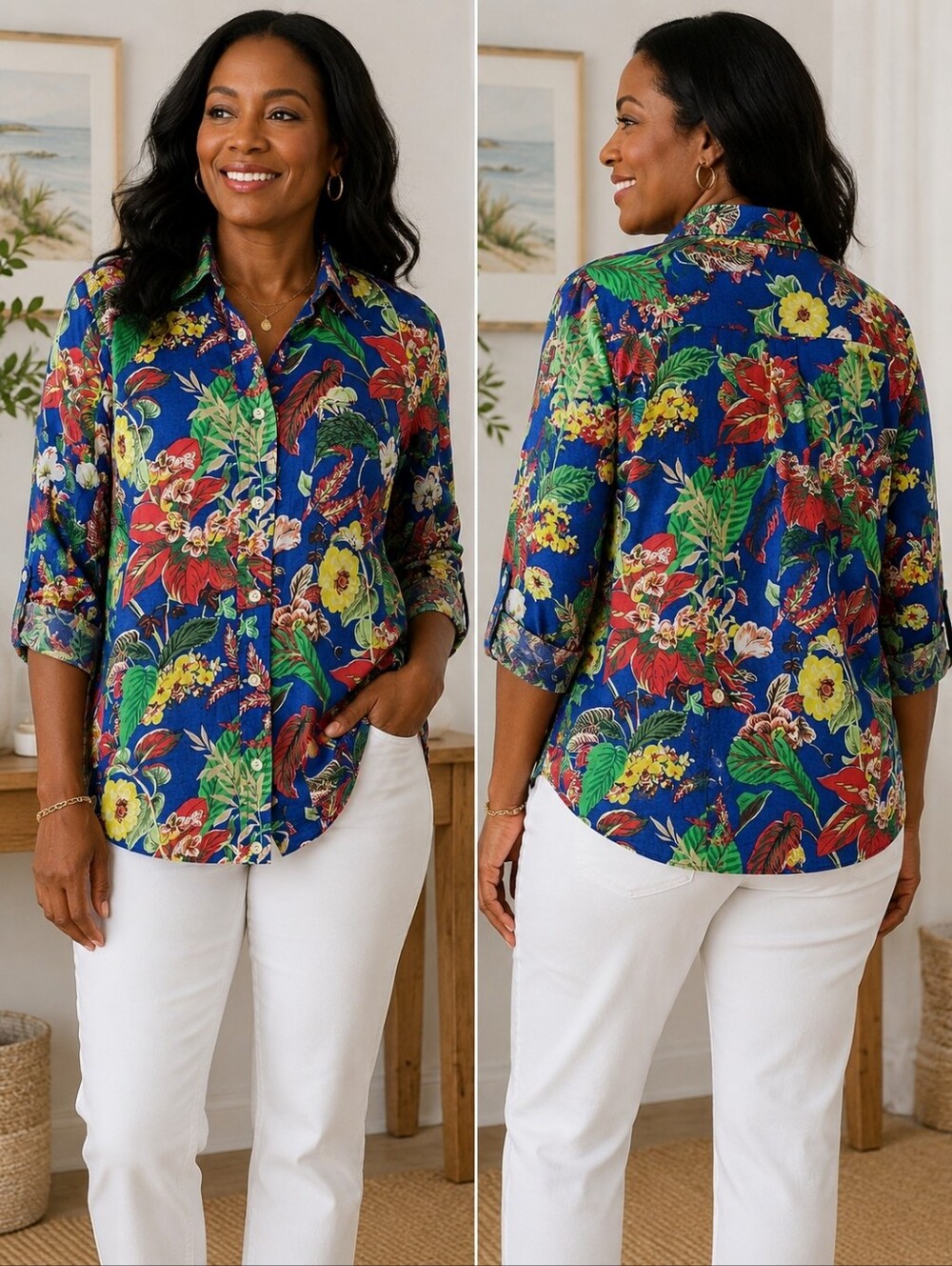 Talbots Tropical Floral Button Up Blouse 1X Blue Cotton Roll Tab Sleeve Island